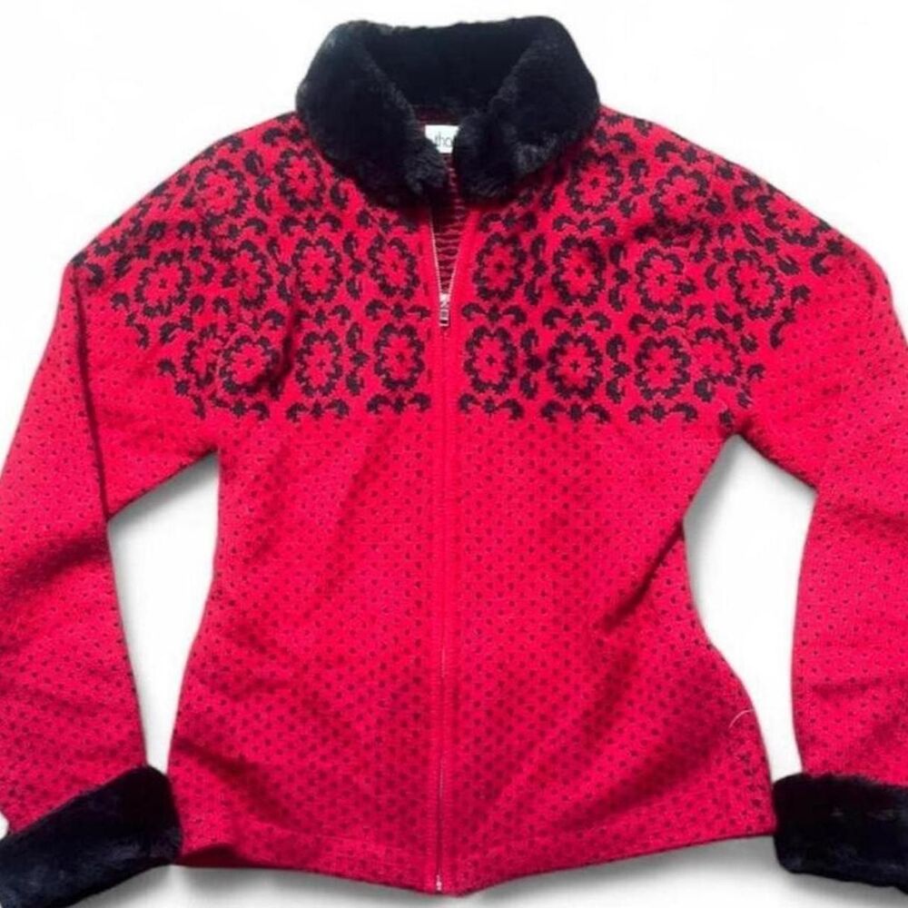 Vintage That's Me! Red Y2K Zip Up Jacket Faux Fur Collar Black Damask Size S/M